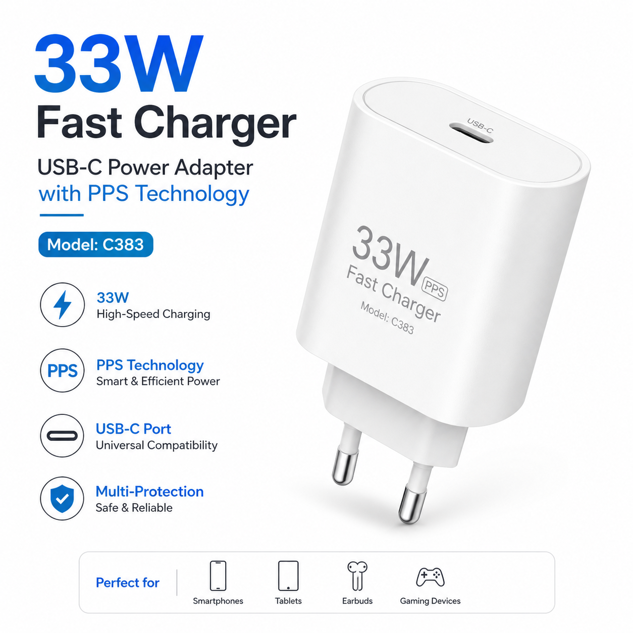 33W Fast Charger USB-C Power Adapter with PPS Technology (Model C383) – Compact White Charging Adapter