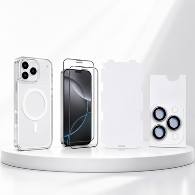 4-in-1 Ultimate Protection Combo – Tempered Glass, Membrane Protector, Camera Lens Guard & Anti-Yellow Clear Case