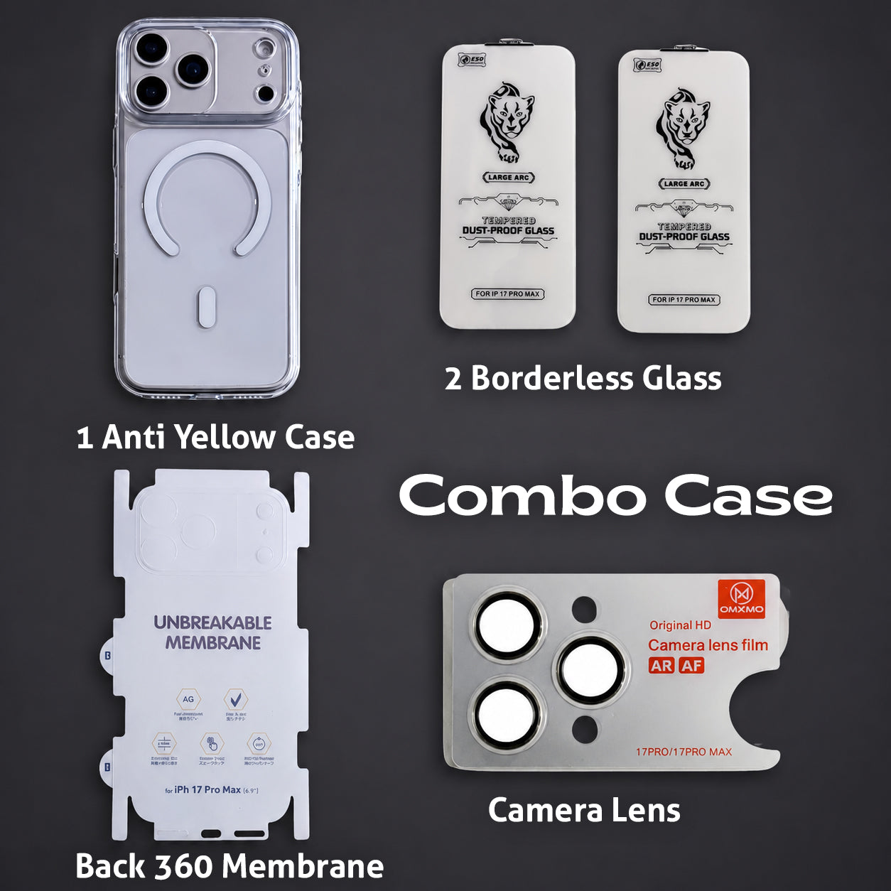 4-in-1 Ultimate Protection Combo – Tempered Glass, Membrane Protector, Camera Lens Guard & Anti-Yellow Clear Case