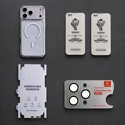 4-in-1 Ultimate Protection Combo – Tempered Glass, Membrane Protector, Camera Lens Guard & Anti-Yellow Clear Case