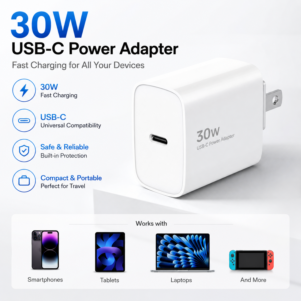 30W USB-C Power Adapter Fast Charging Wall Charger for Smartphones, Tablets & Laptops (Type-C Charger)