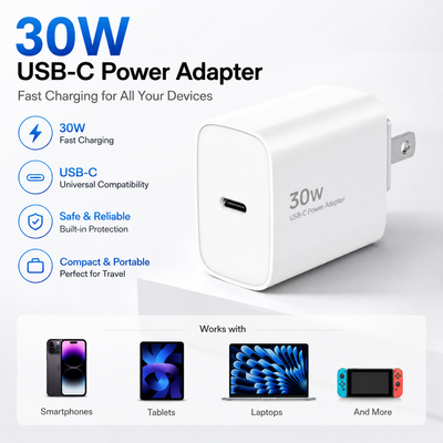 30W USB-C Power Adapter Fast Charging Wall Charger for Smartphones, Tablets & Laptops (Type-C Charger)