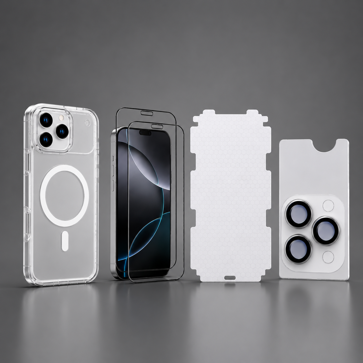4-in-1 Ultimate Protection Combo – Tempered Glass, Membrane Protector, Camera Lens Guard & Anti-Yellow Clear Case