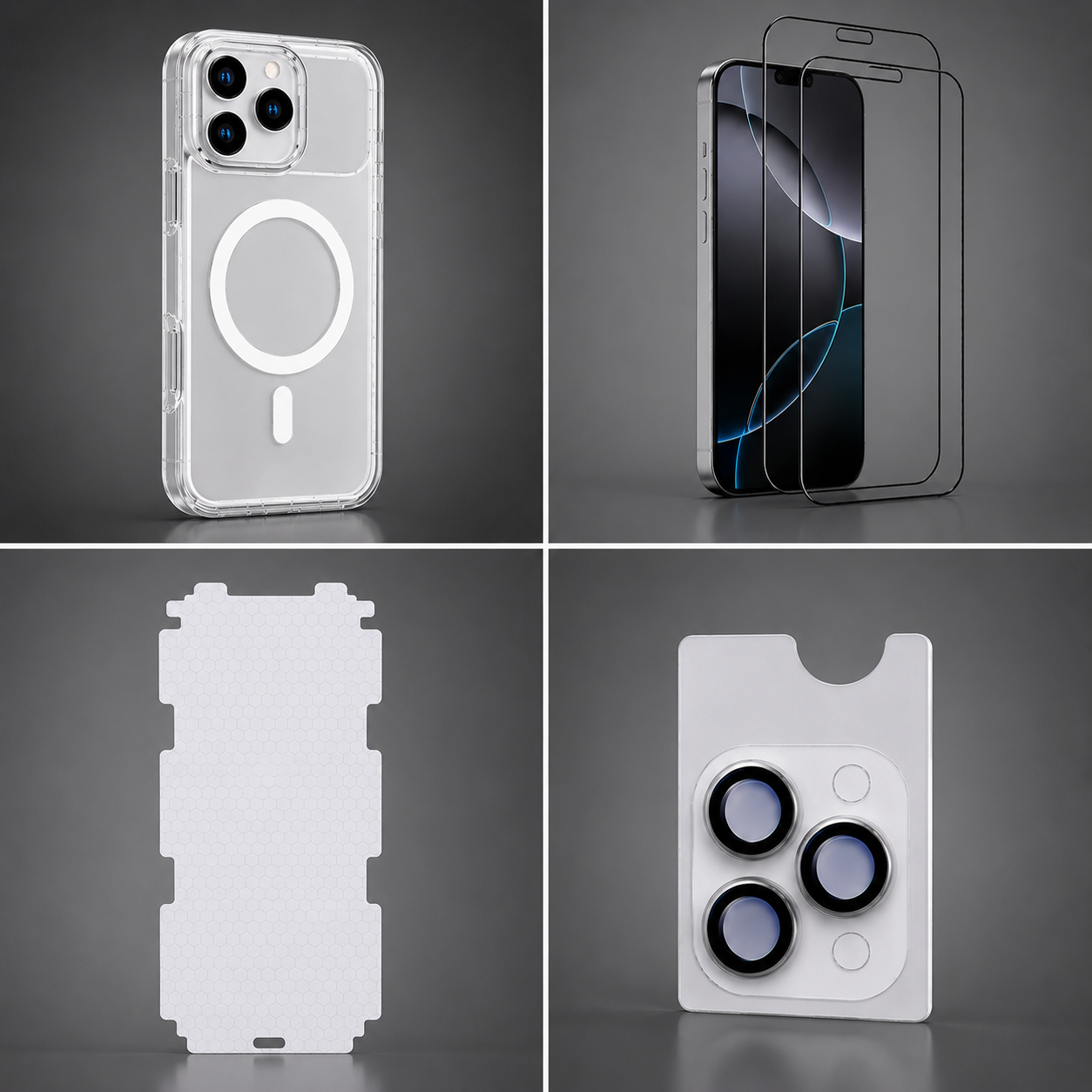 4-in-1 Ultimate Protection Combo – Tempered Glass, Membrane Protector, Camera Lens Guard & Anti-Yellow Clear Case